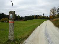 Blick auf die Wanderstrecke und zum steinernen Bildstock am Rande des Hochstegenberges