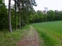 Wanderroute auf dem Molder Berg mit Blick zur Wallfahrtsbasilika Maria Dreieichen 